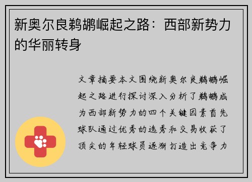 新奥尔良鹈鹕崛起之路：西部新势力的华丽转身